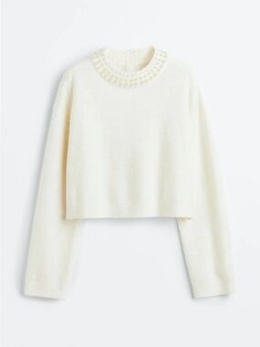 H&M Cream Pearl-Embellished Cropped Sweater